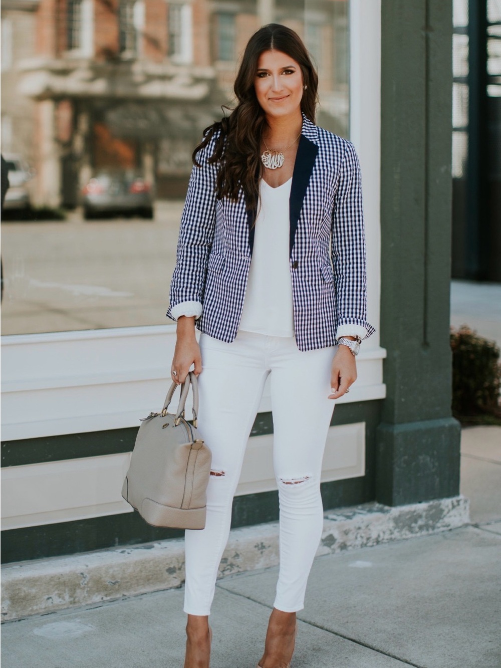 J. Crew Navy and White Gingham Blazer with Navy Trim